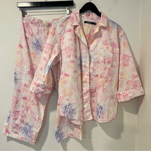 Ralph Lauren LRL Floral Embroidered Pocket Pajama Set Button Down Capri